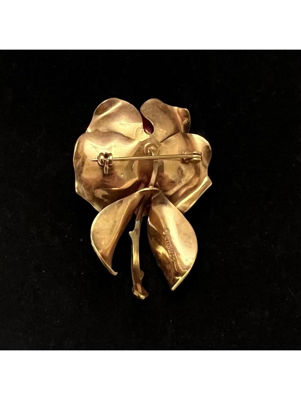 Giovanni Antonio Cerrito Vintage Red Satin Single Rose Brooch Pin 2", Gold Tone - Picture 4 of 4